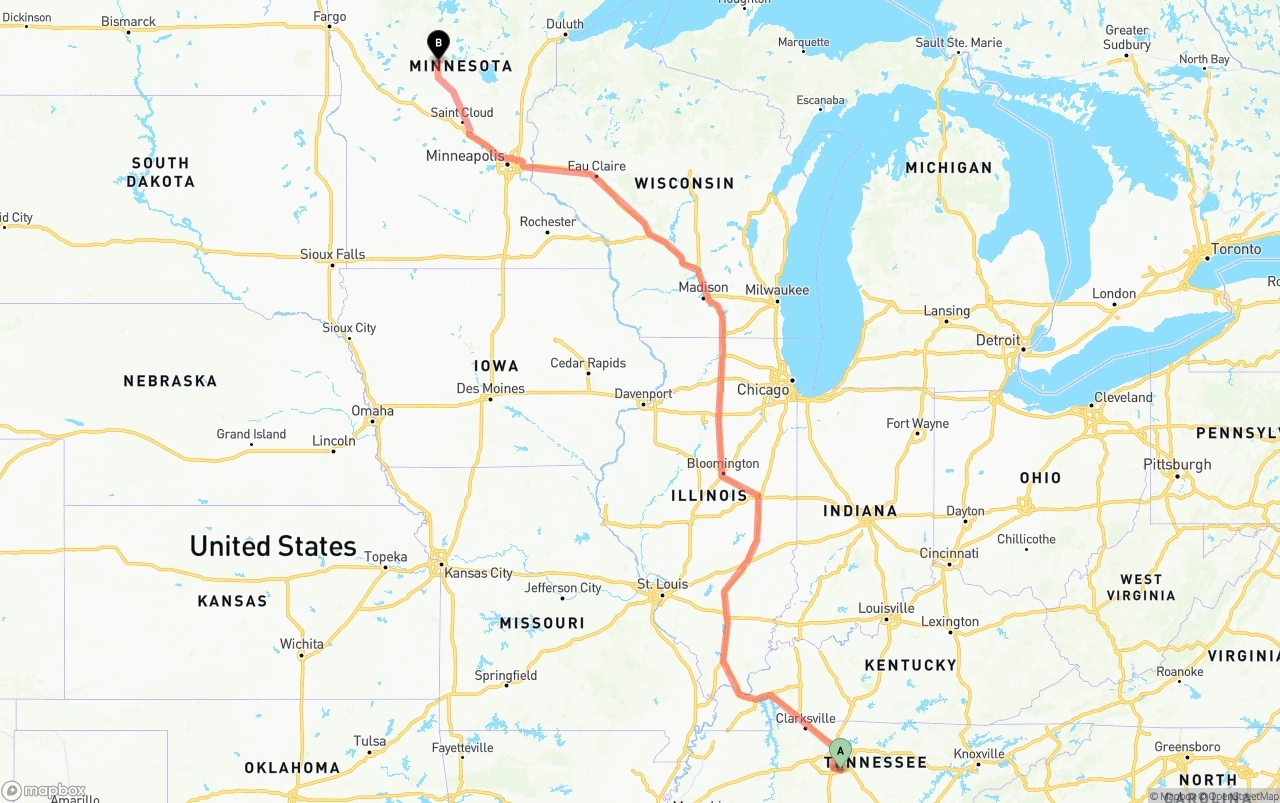 Shipping route from Tennessee to Minnesota