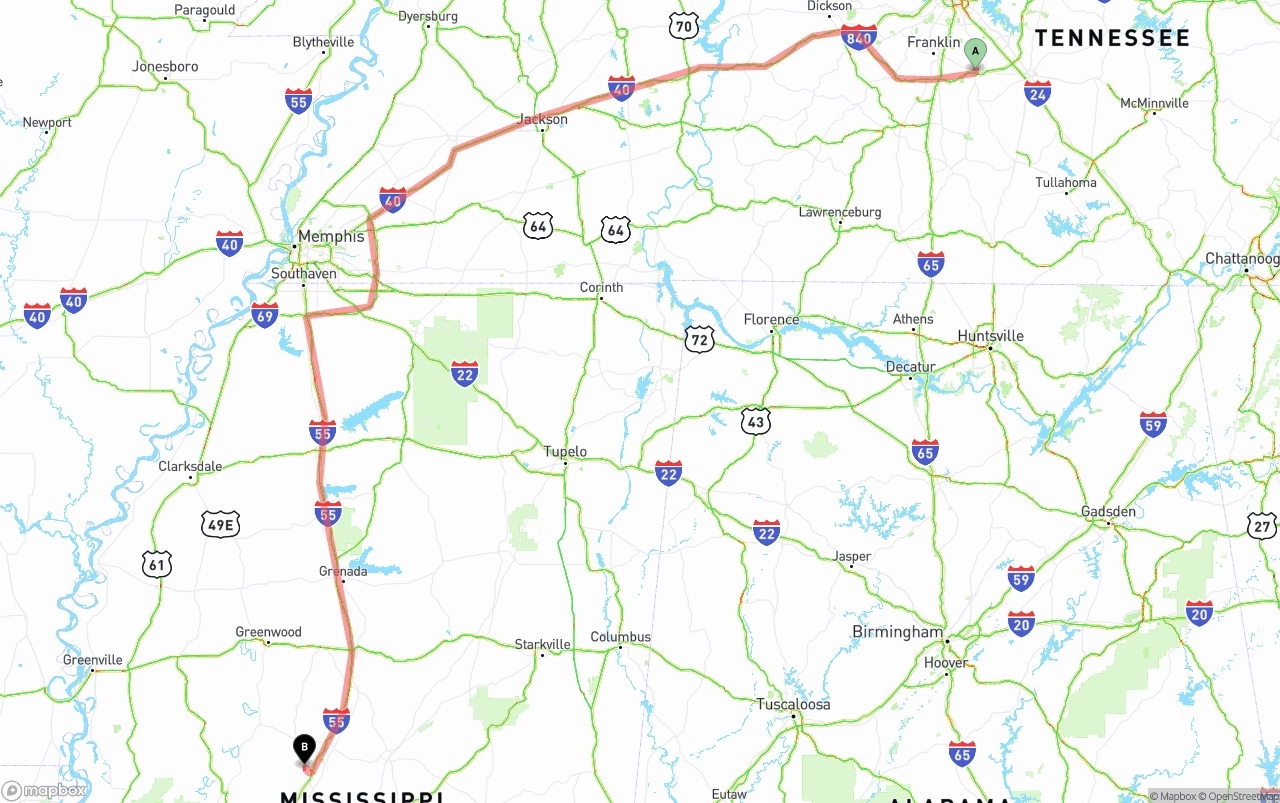 Shipping route from Tennessee to Mississippi