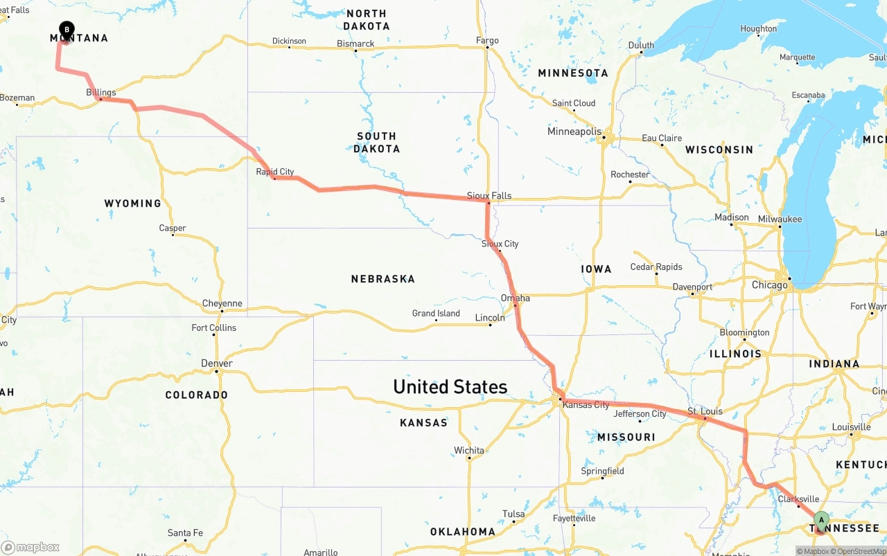 Shipping route from Tennessee to Montana