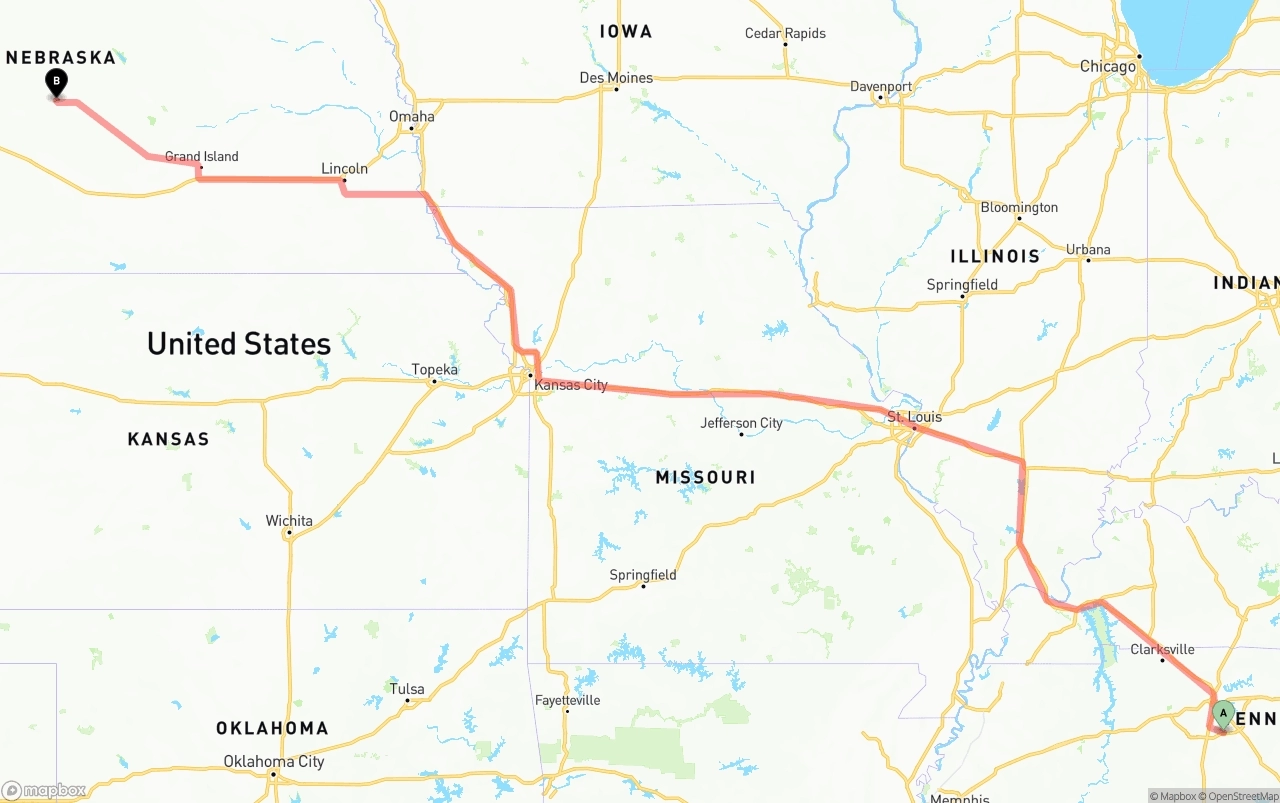 Shipping route from Tennessee to Nebraska