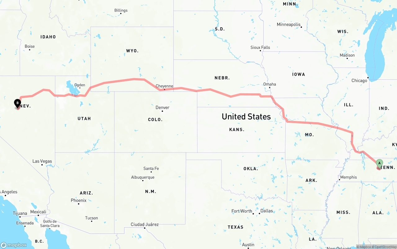 Shipping route from Tennessee to Nevada
