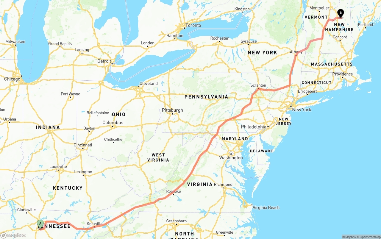 Shipping route from Tennessee to New Hampshire