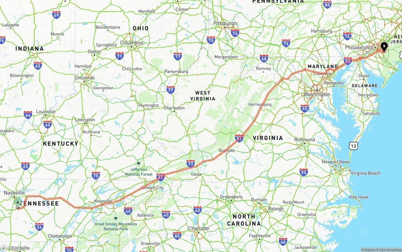 Shipping route from Tennessee to New Jersey