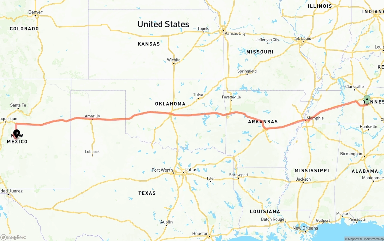 Shipping route from Tennessee to New Mexico