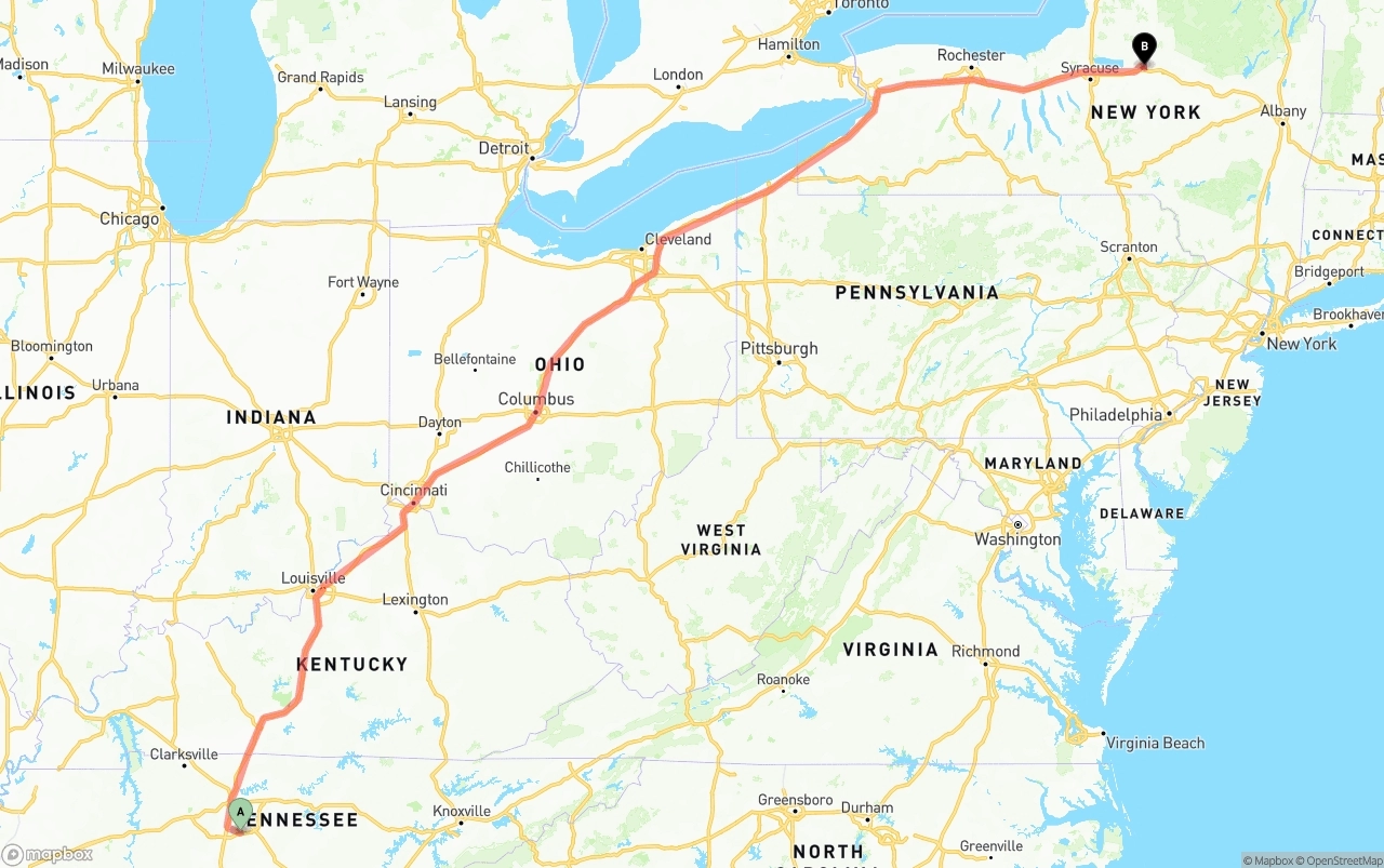 Shipping route from Tennessee to New York