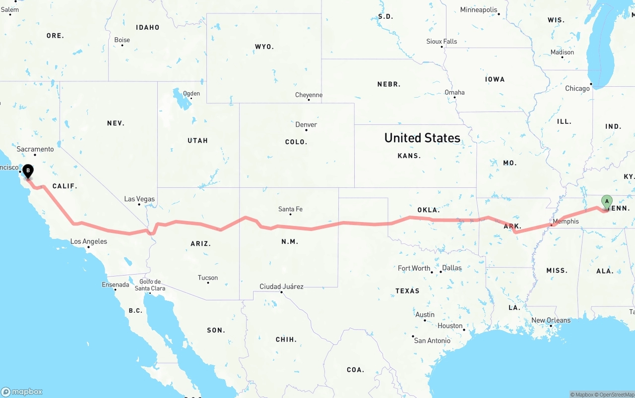 Shipping route from Tennessee to Norman Y. Mineta San Jose International Airport