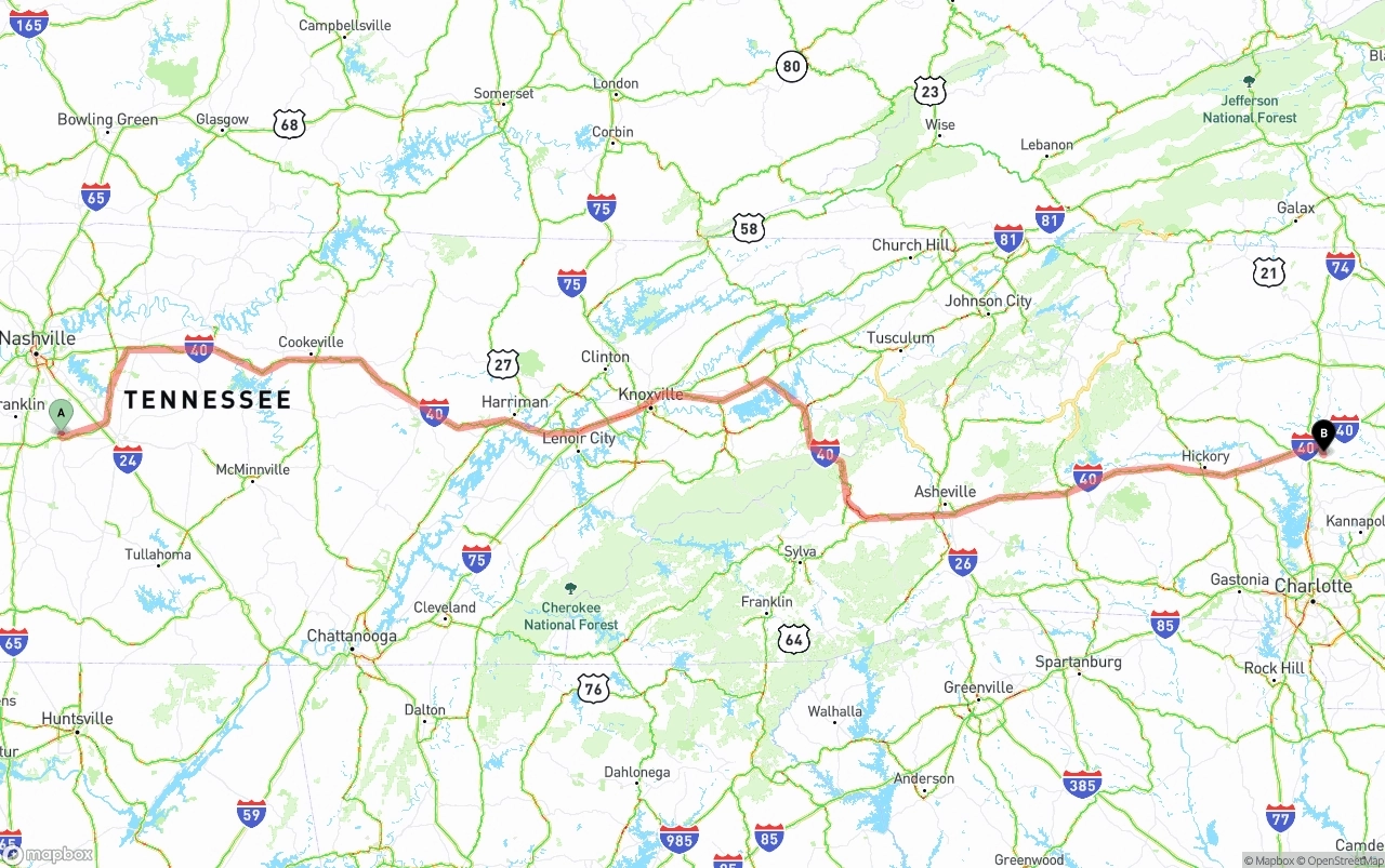 Shipping route from Tennessee to North Carolina