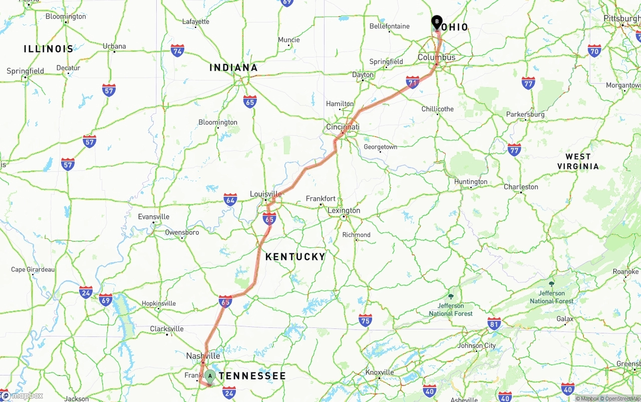 Shipping route from Tennessee to Ohio