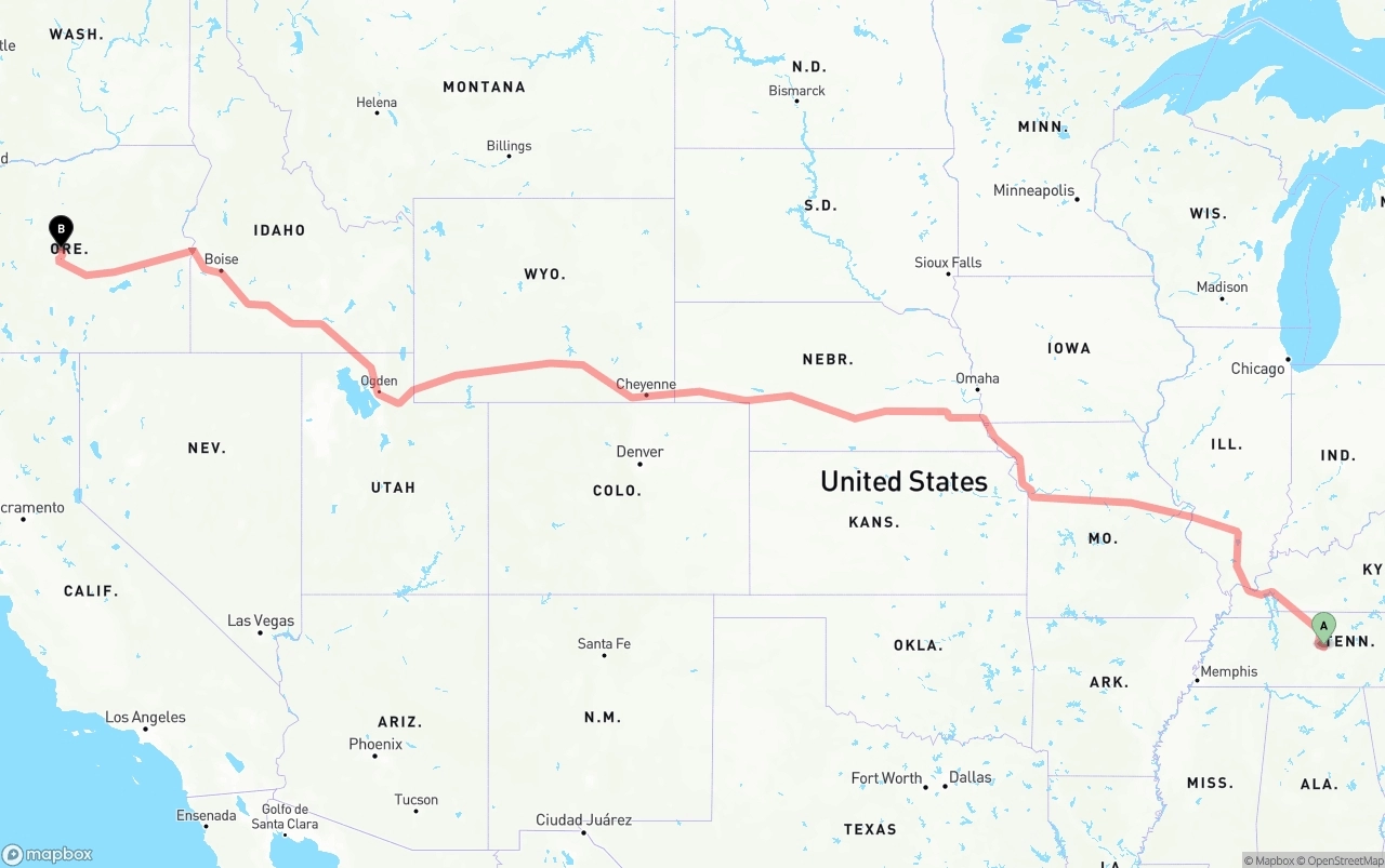 Shipping route from Tennessee to Oregon