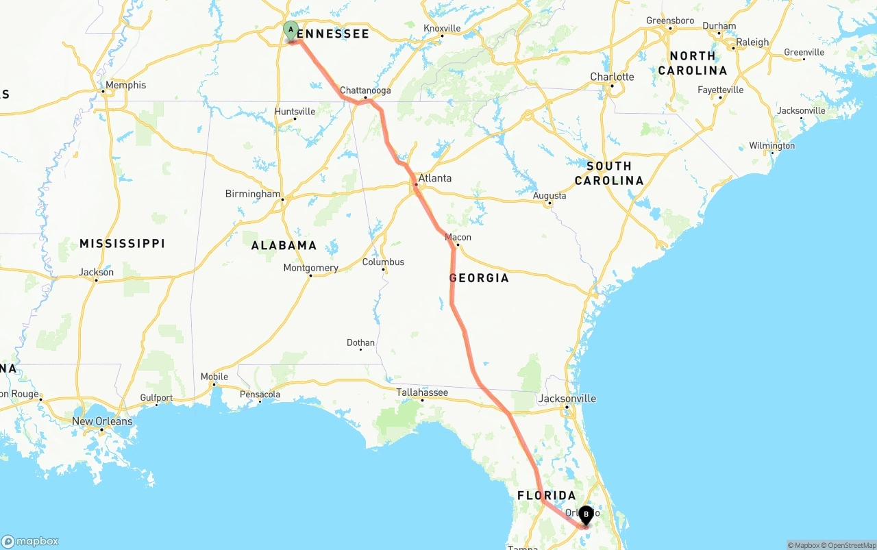 Shipping route from Tennessee to Orlando International Airport