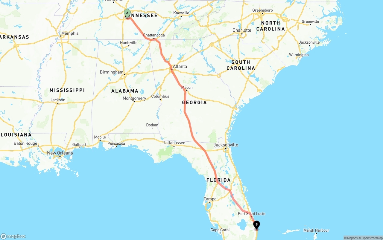 Shipping route from Tennessee to Palm Beach International Airport