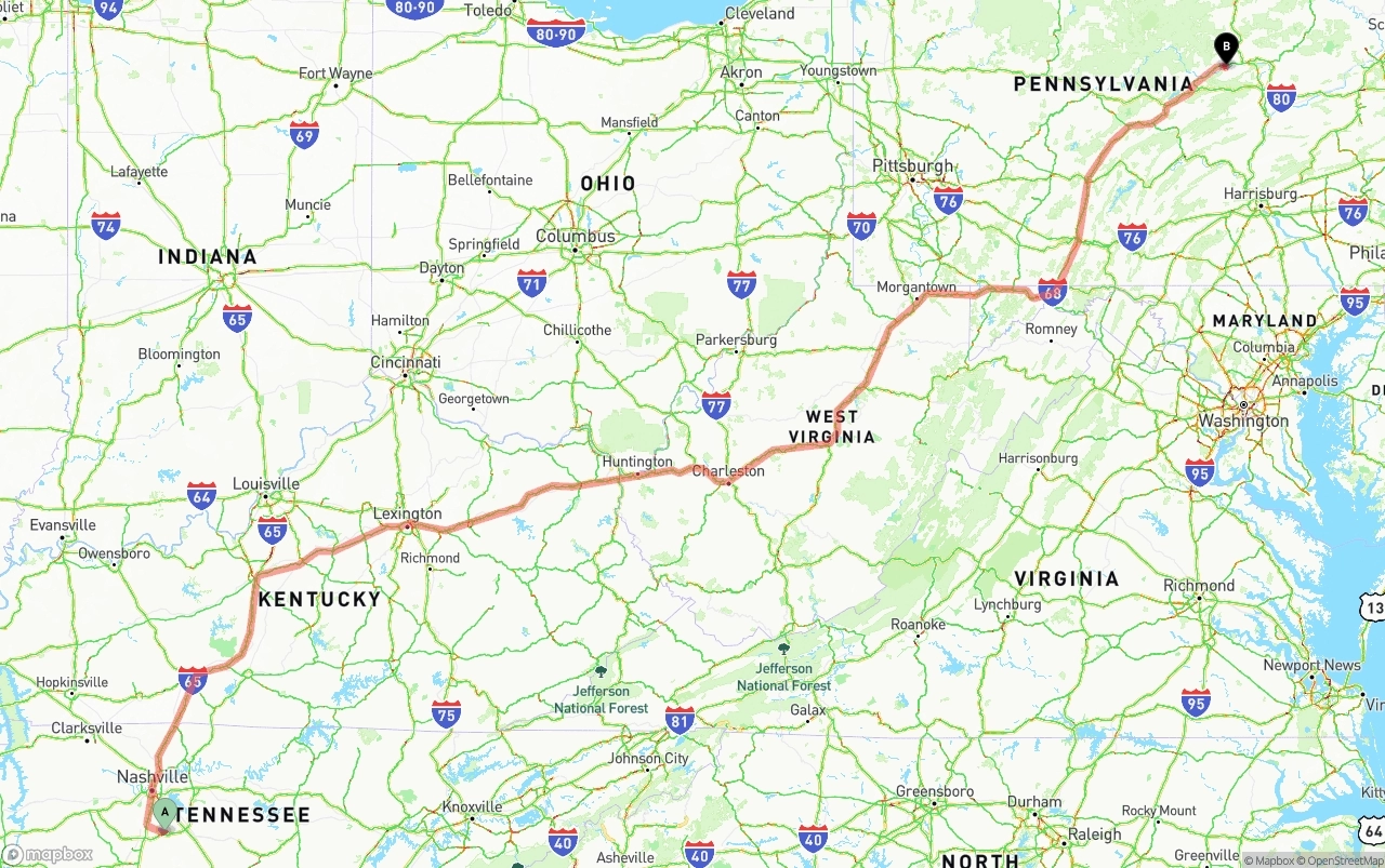 Shipping route from Tennessee to Pennsylvania