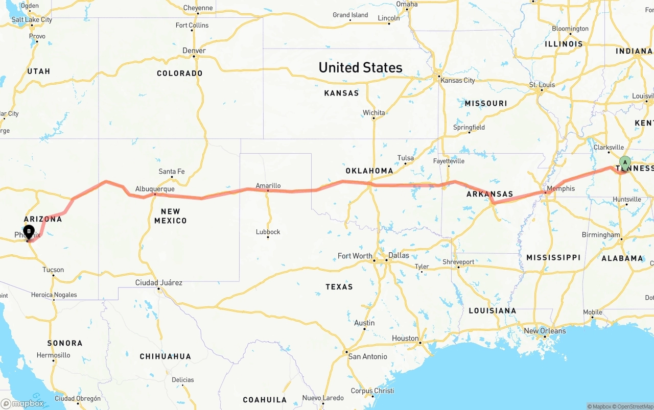 Shipping route from Tennessee to Phoenix Sky Harbor International Airport