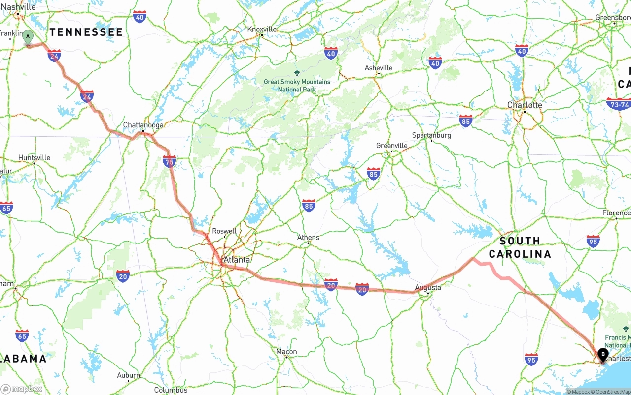Shipping route from Tennessee to Port of Charleston