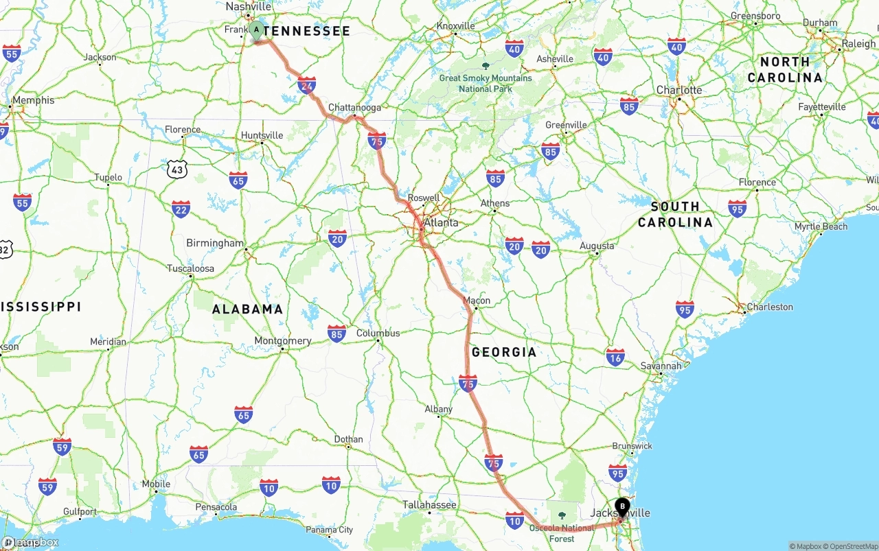 Shipping route from Tennessee to Port of Jacksonville