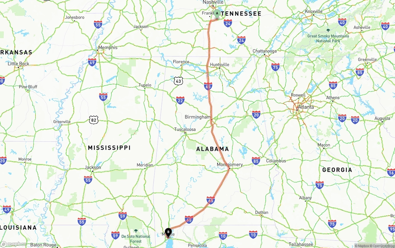 Shipping route from Tennessee to Port of Mobile