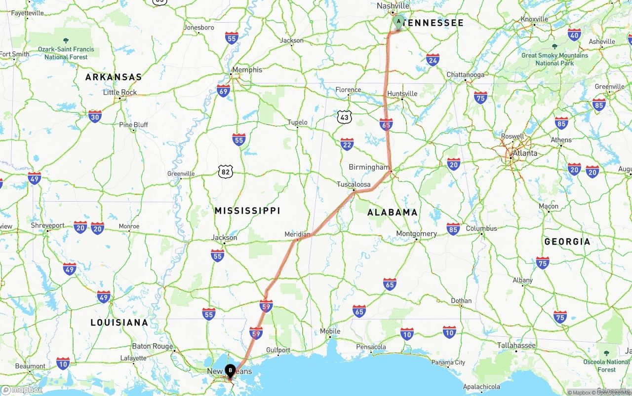 Shipping route from Tennessee to Port of New Orleans