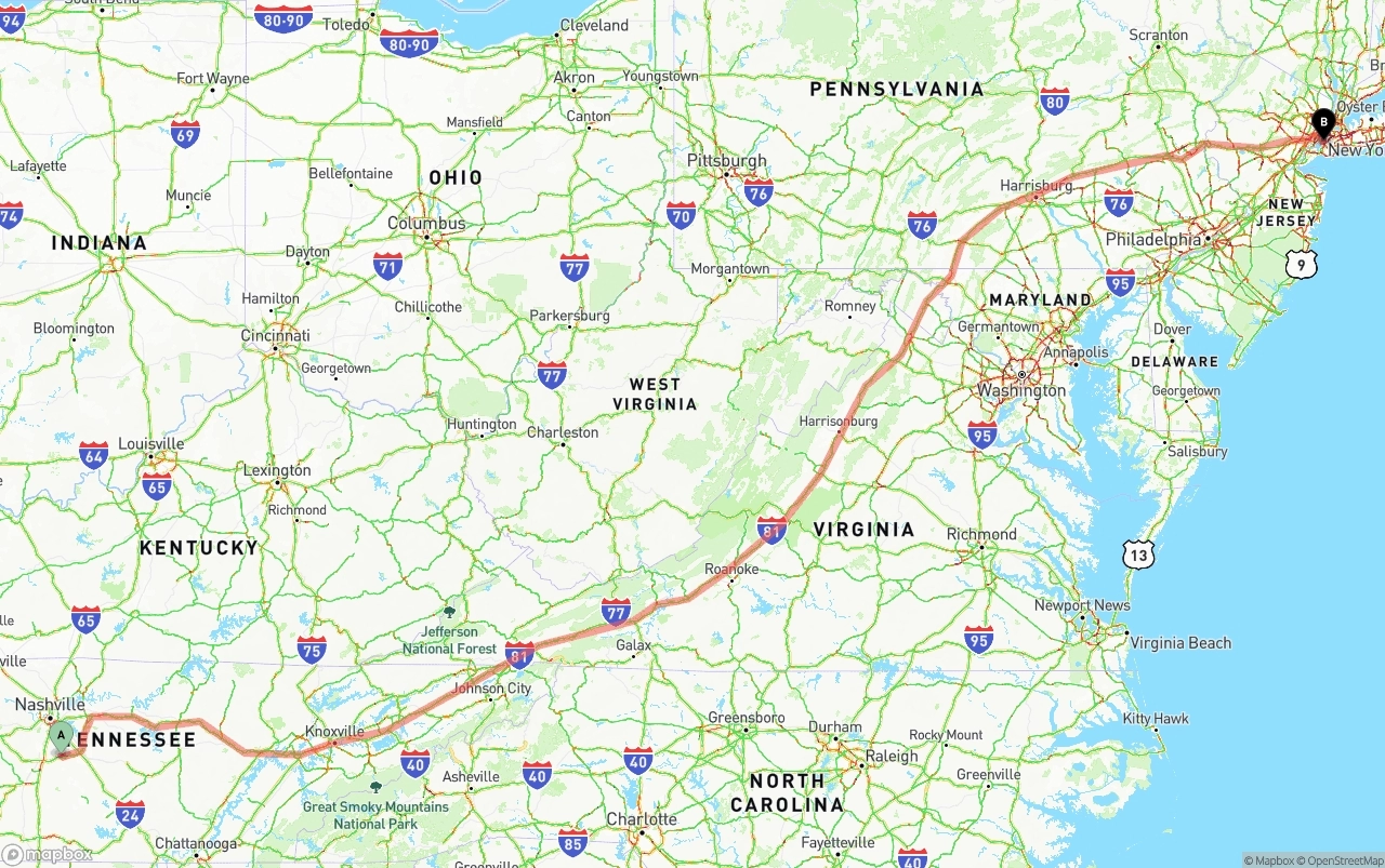 Shipping route from Tennessee to Port of New York