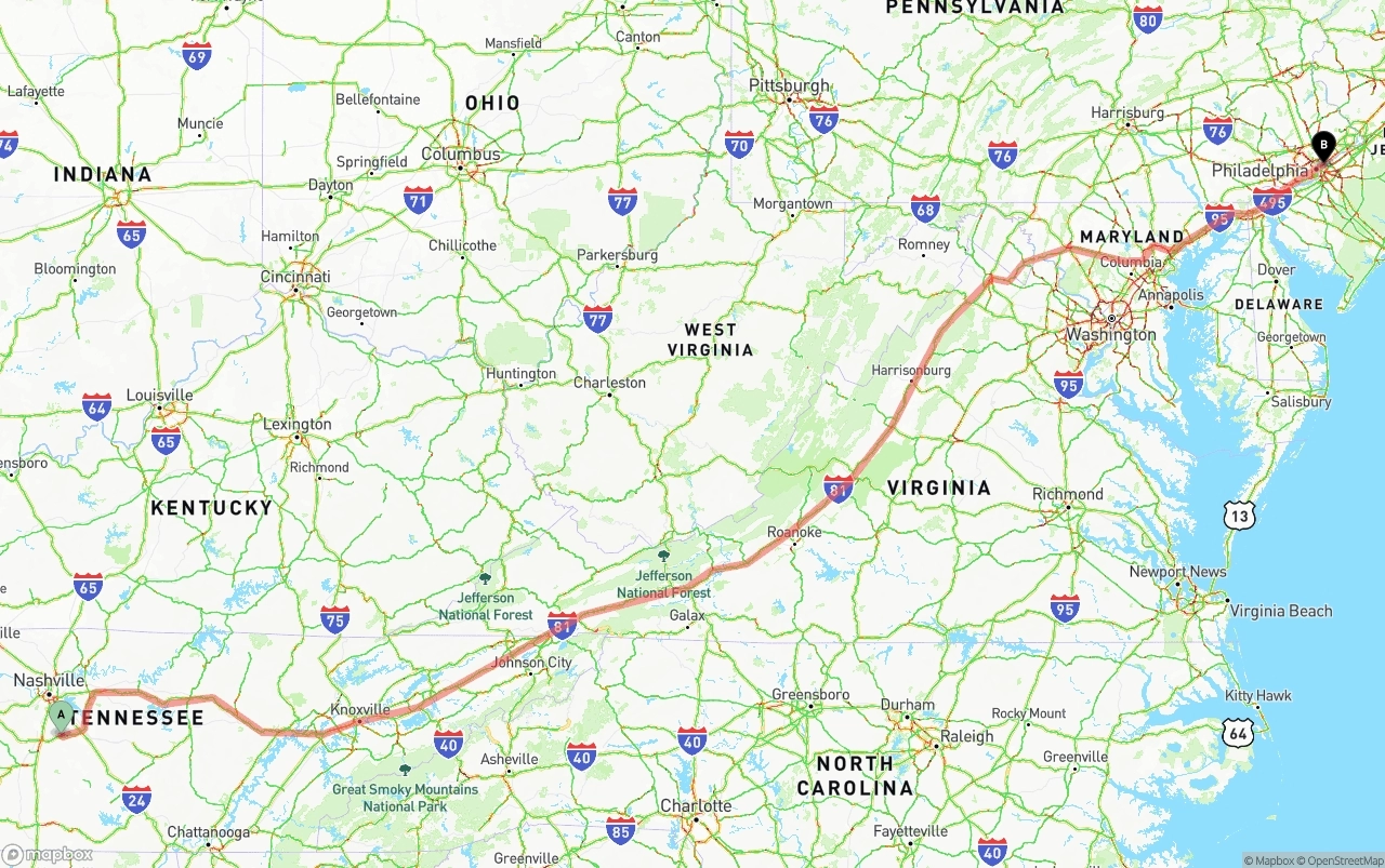 Shipping route from Tennessee to Port of Philadelphia