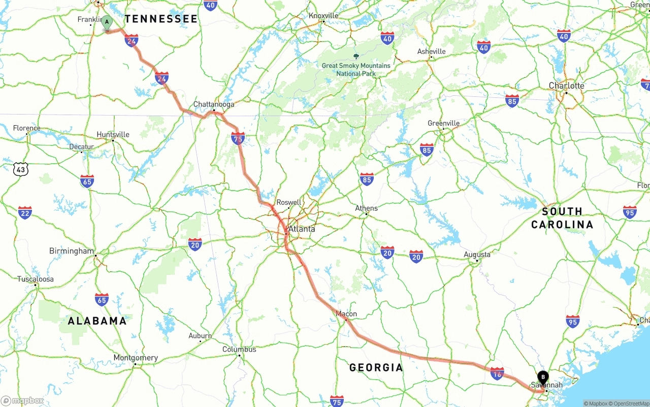 Shipping route from Tennessee to Port of Savannah