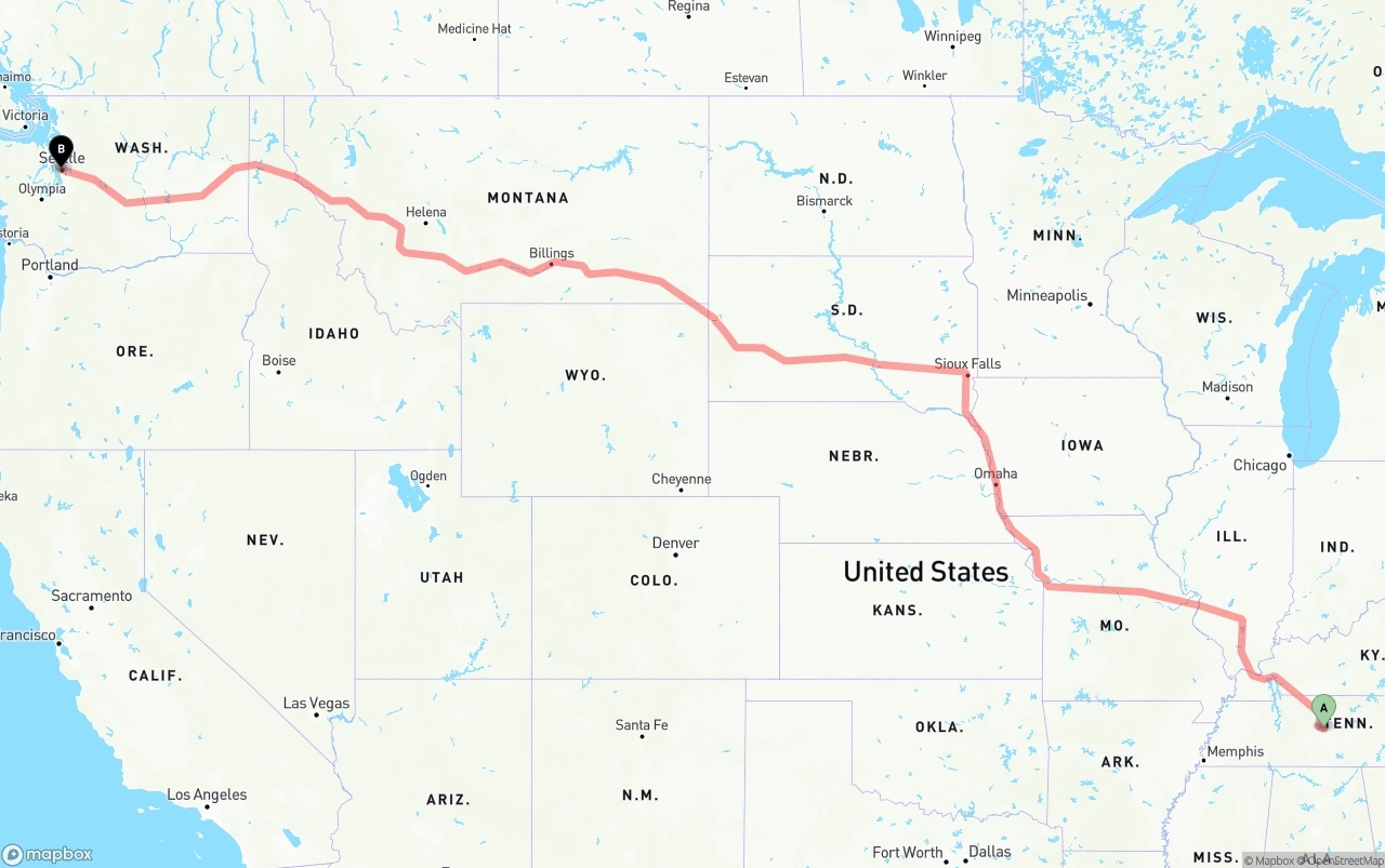 Shipping route from Tennessee to Port of Seattle