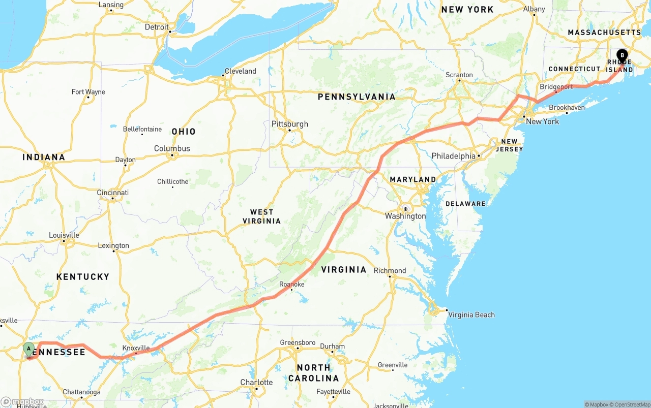 Shipping route from Tennessee to Rhode Island