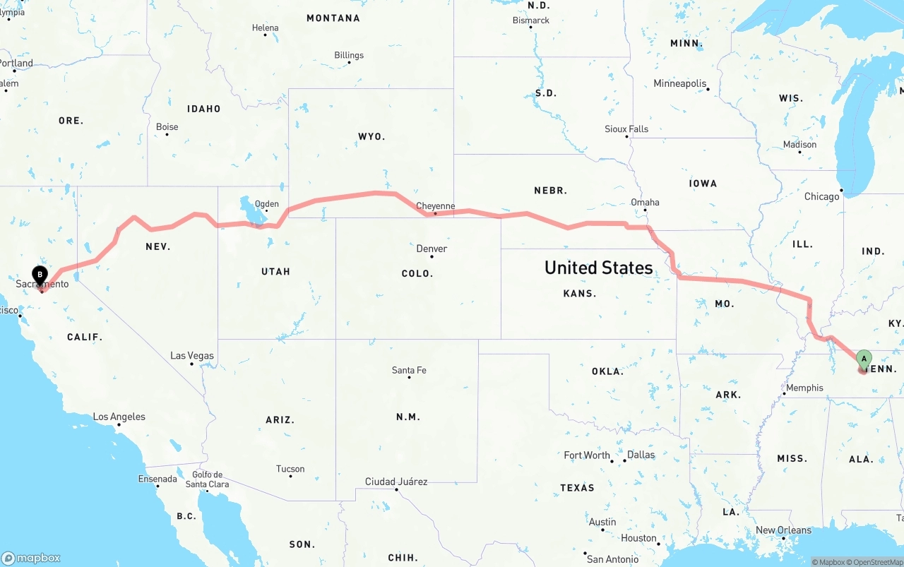 Shipping route from Tennessee to Sacramento International Airport