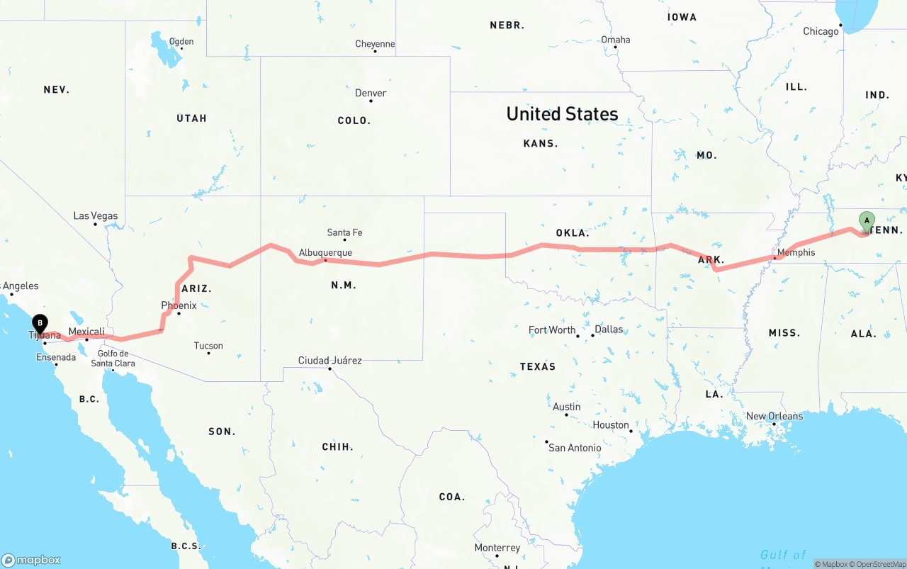 Shipping route from Tennessee to San Diego International Airport
