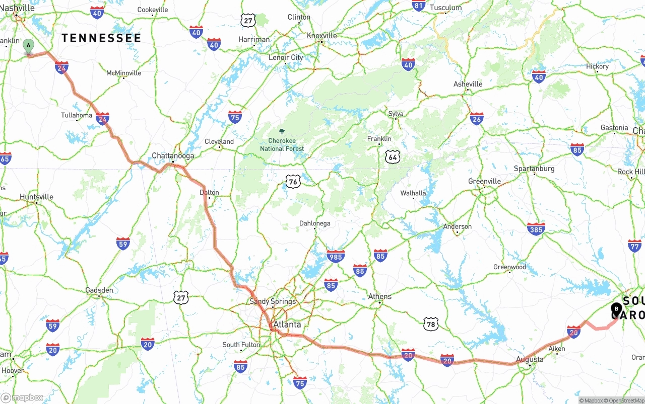 Shipping route from Tennessee to South Carolina