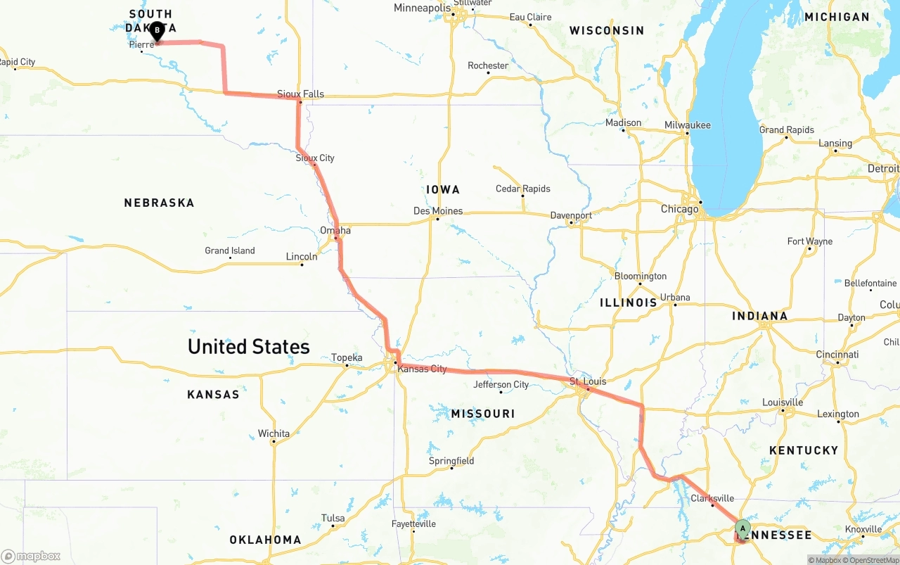 Shipping route from Tennessee to South Dakota
