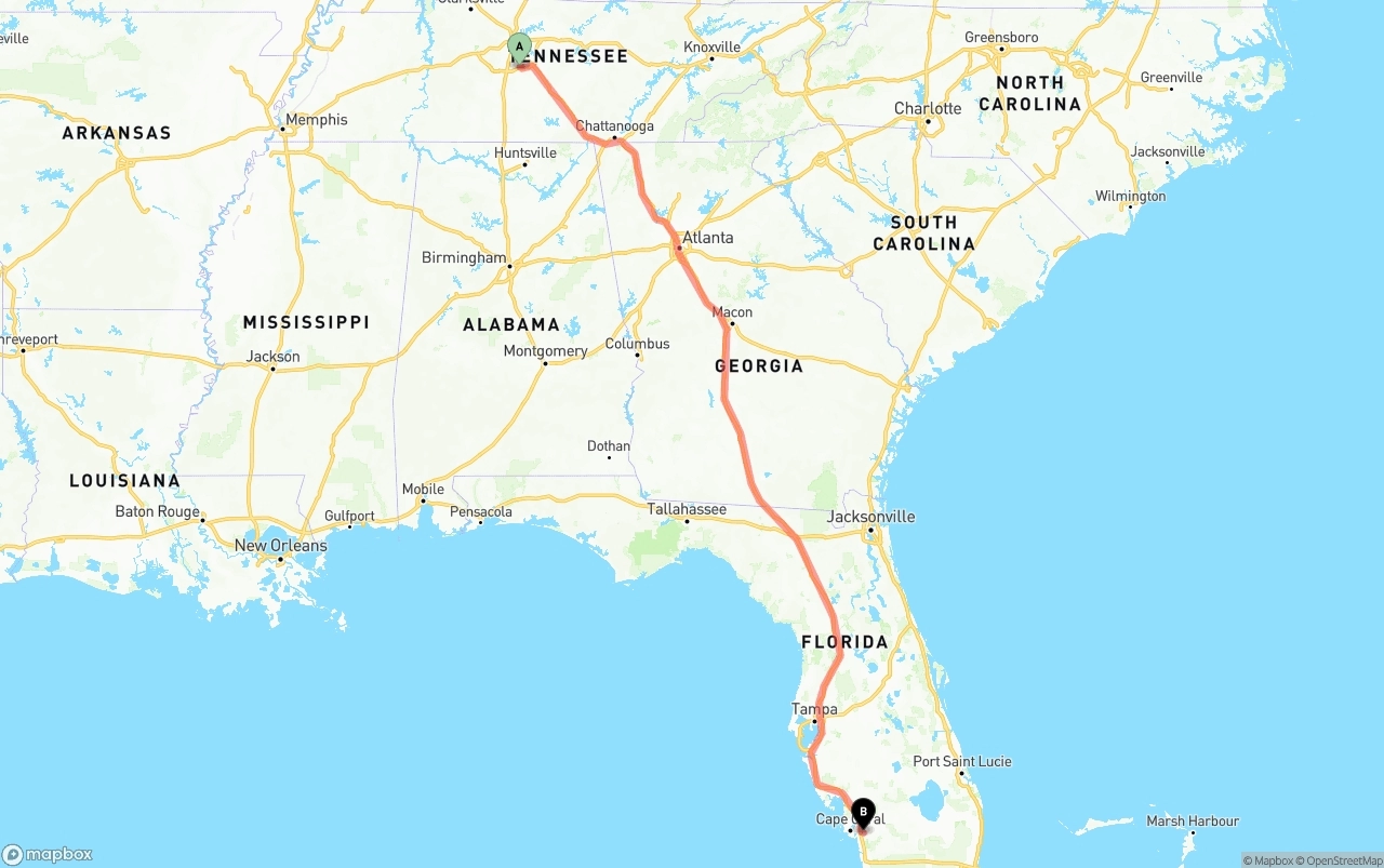 Shipping route from Tennessee to Southwest Florida International Airport