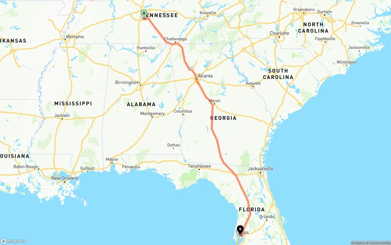 Shipping route from Tennessee to Tampa International Airport