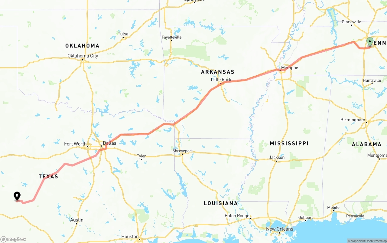 Shipping route from Tennessee to Texas