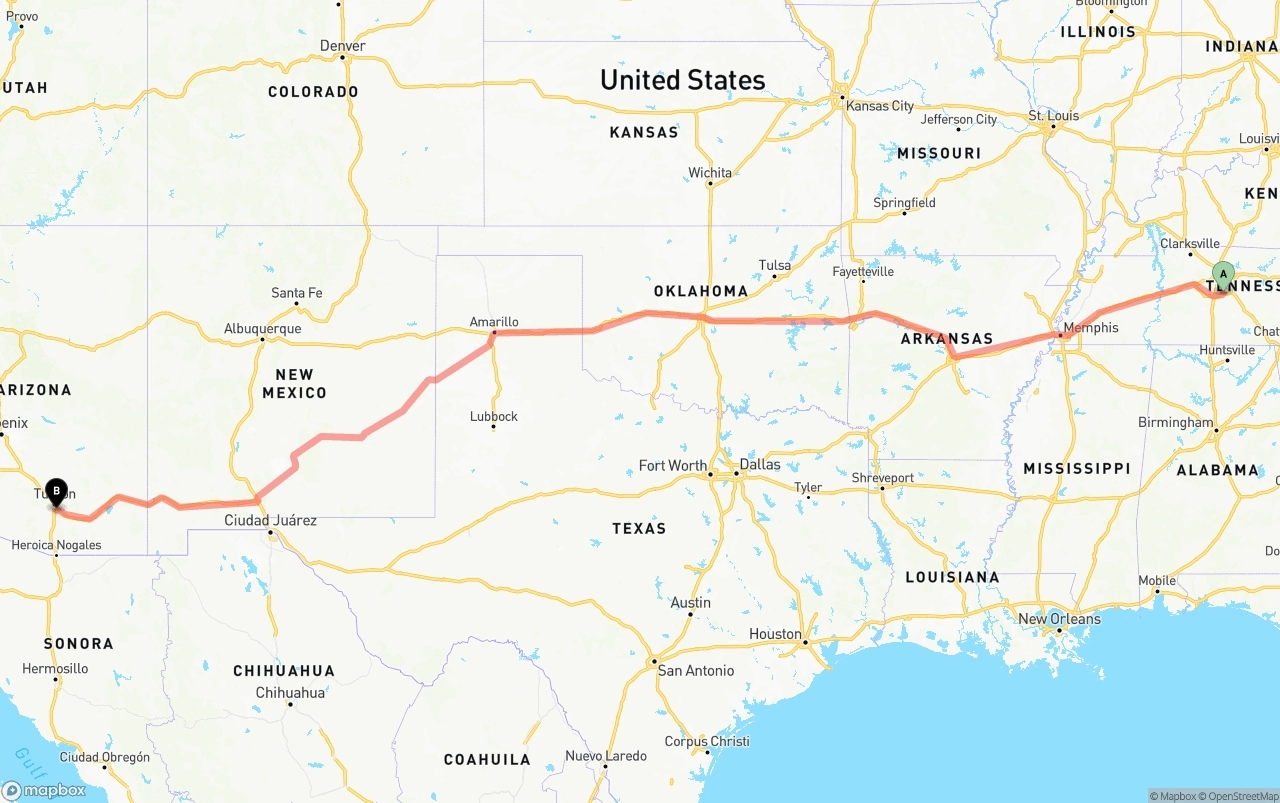 Shipping route from Tennessee to Tucson International Airport