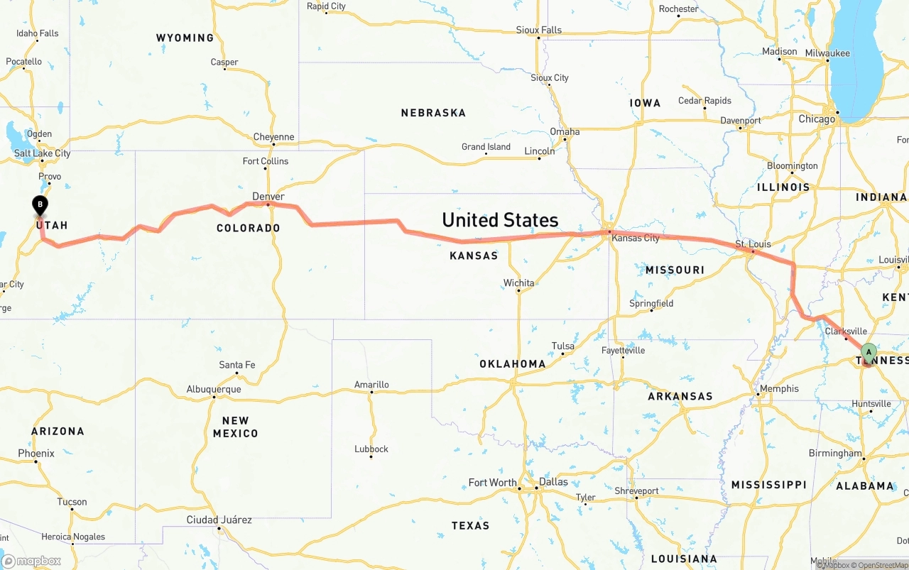 Shipping route from Tennessee to Utah
