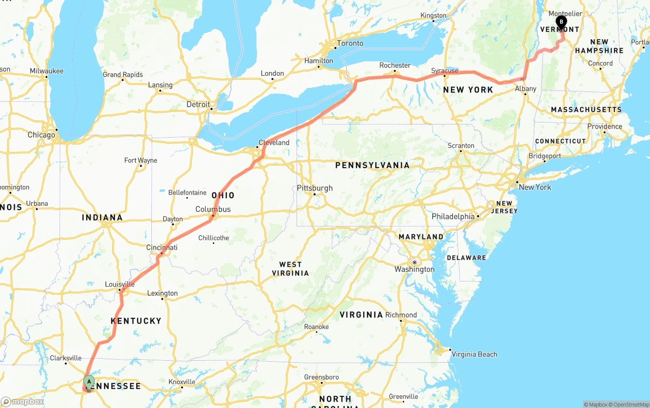Shipping route from Tennessee to Vermont