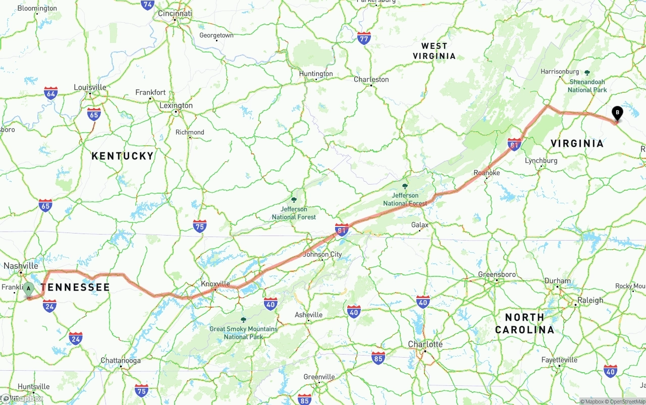 Shipping route from Tennessee to Virginia