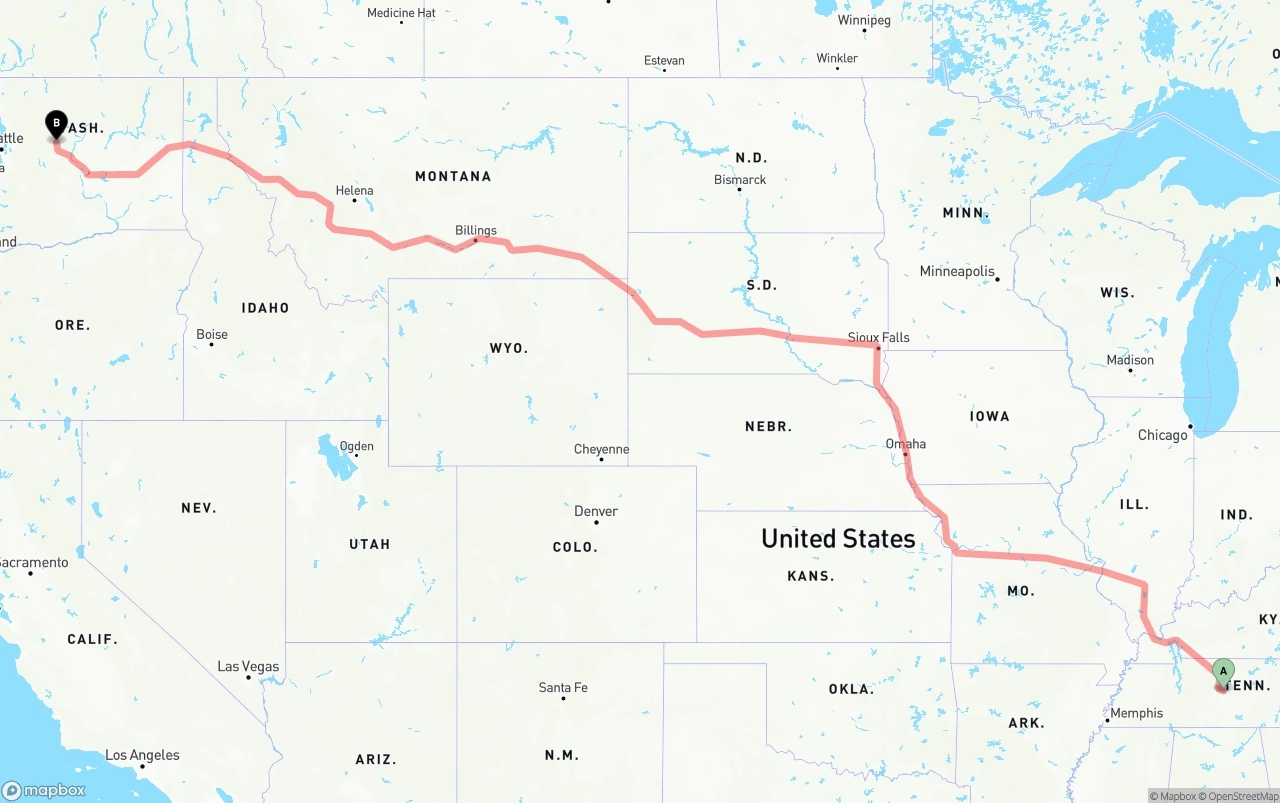 Shipping route from Tennessee to Washington