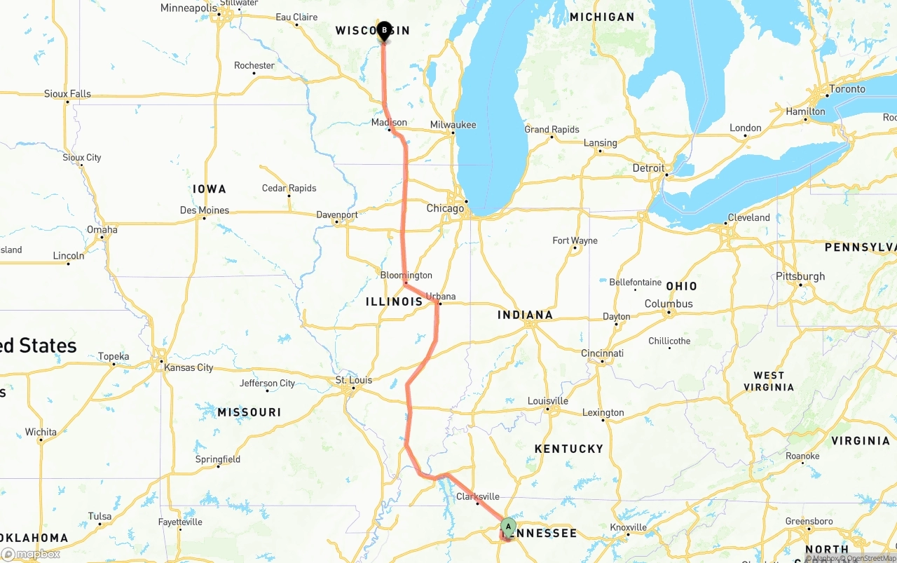 Shipping route from Tennessee to Wisconsin
