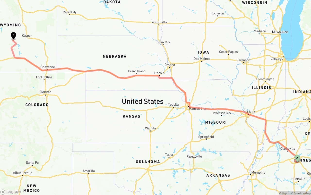 Shipping route from Tennessee to Wyoming