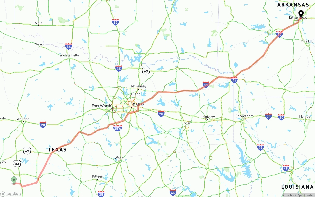 Shipping route from Texas to Arkansas