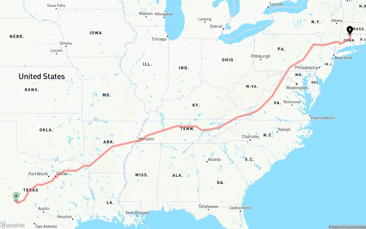 Shipping route from Texas to Bradley International Airport