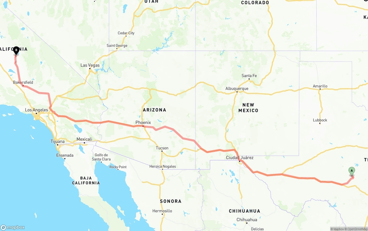 Shipping route from Texas to California