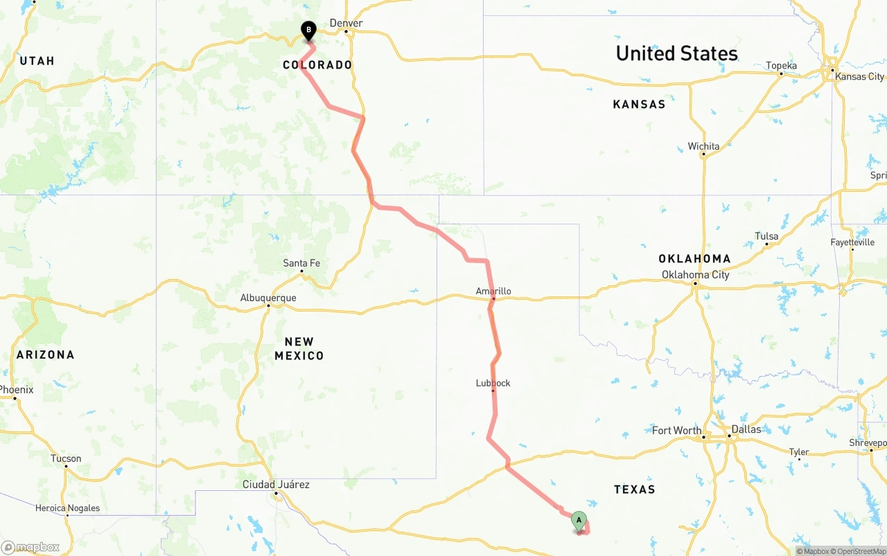 Shipping route from Texas to Colorado