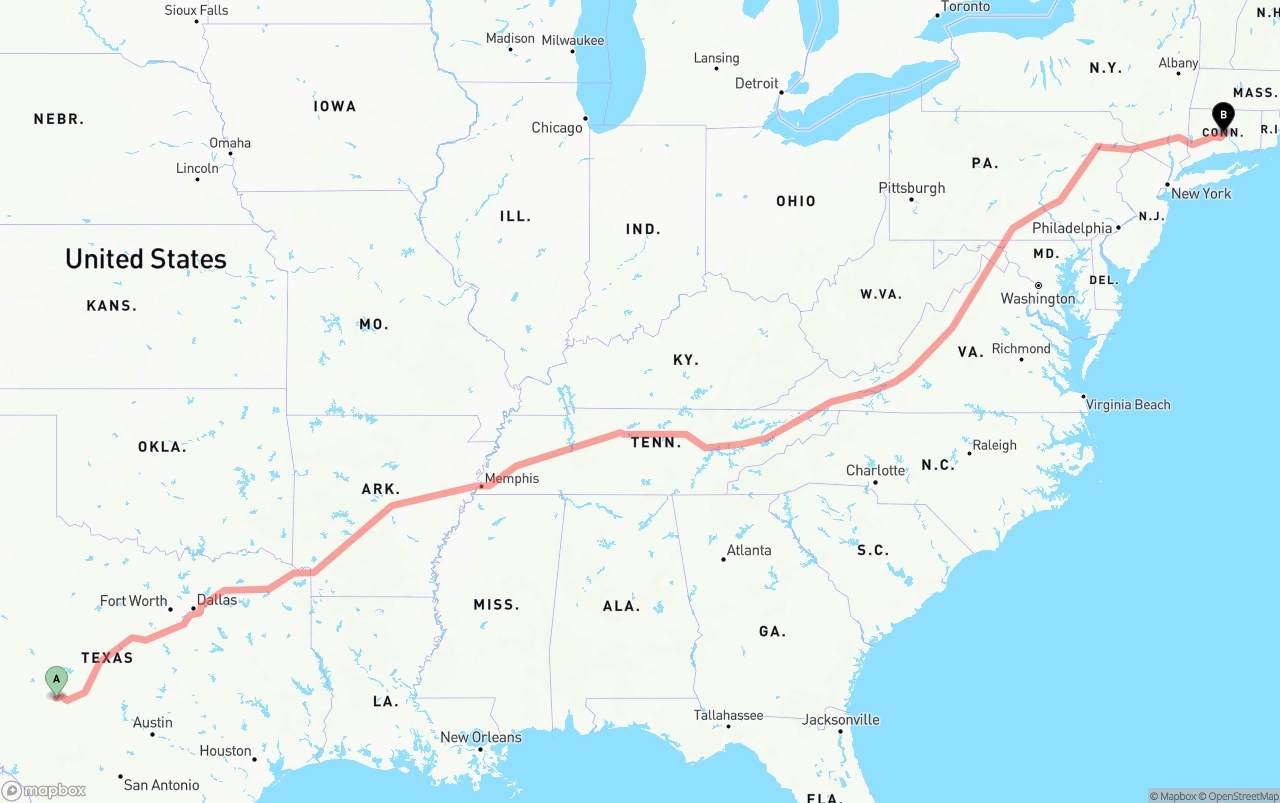 Shipping route from Texas to Connecticut