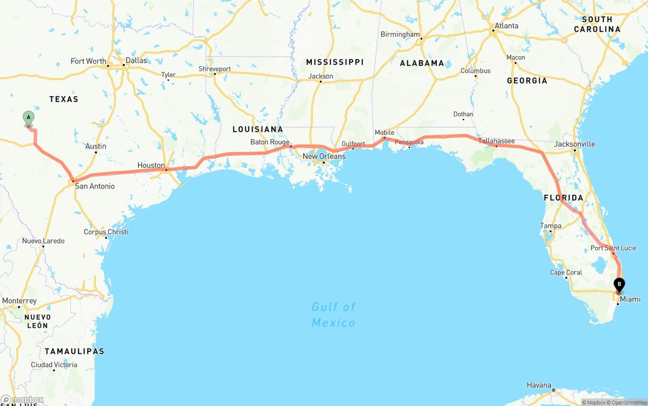 Shipping route from Texas to Fort Lauderdale-Hollywood International Airport