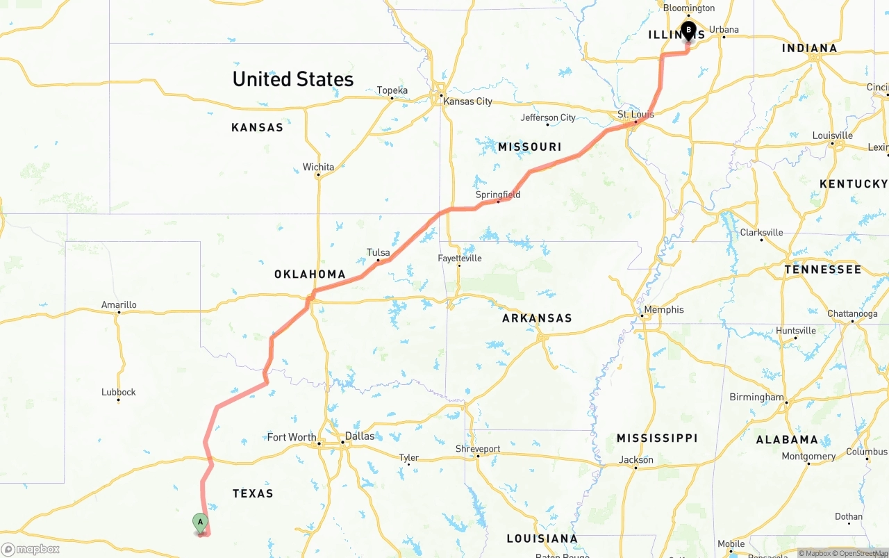 Shipping route from Texas to Illinois
