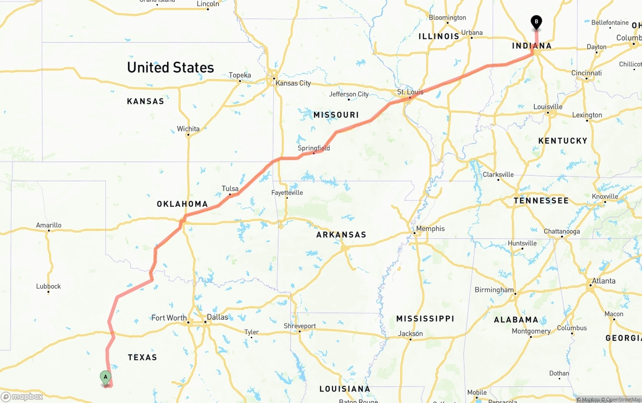 Shipping route from Texas to Indiana