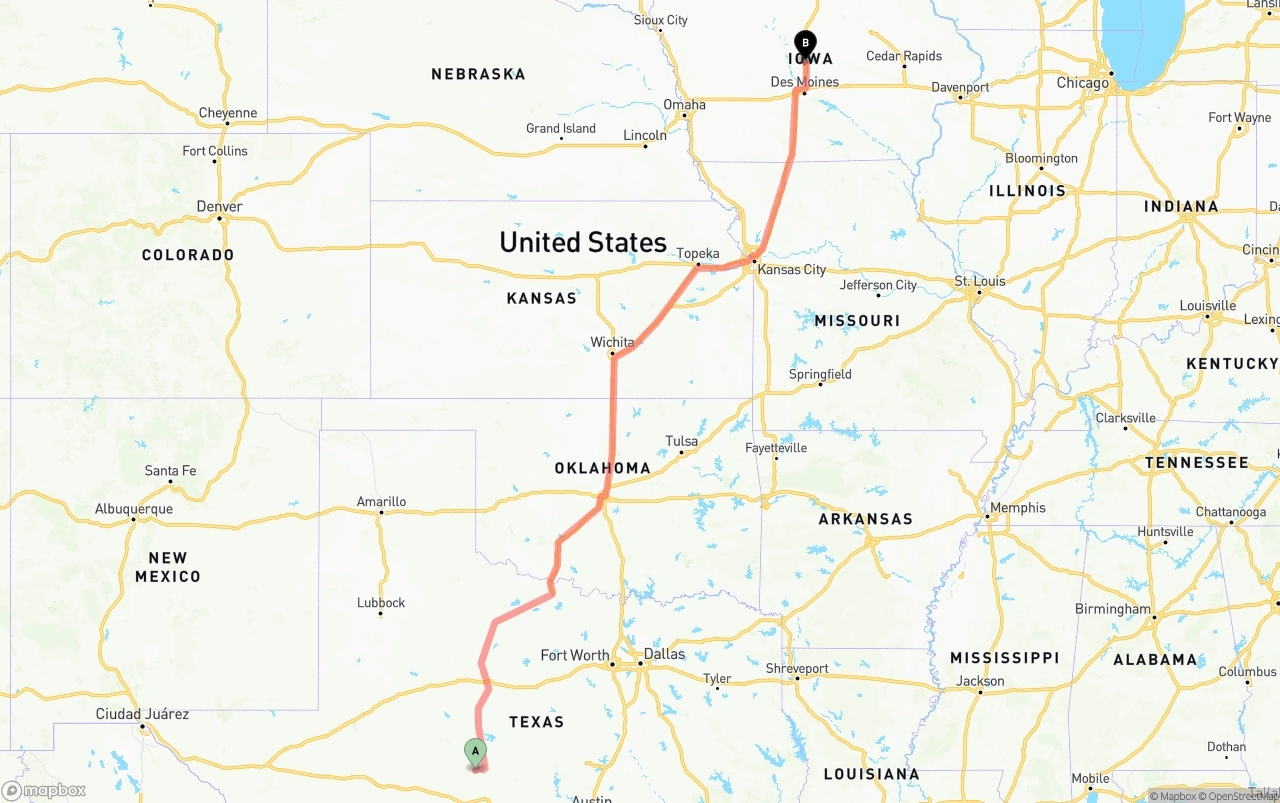 Shipping route from Texas to Iowa