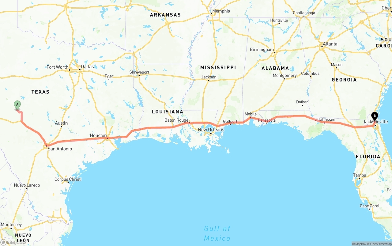 Shipping route from Texas to Jacksonville International Airport